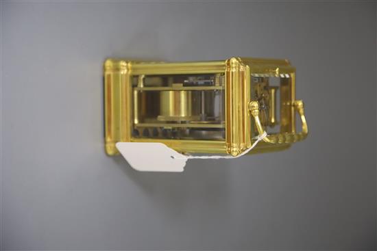 A mid 19th century French lacquered brass hour repeating carriage clock, width 3.5in. depth 3in. height 5.25in